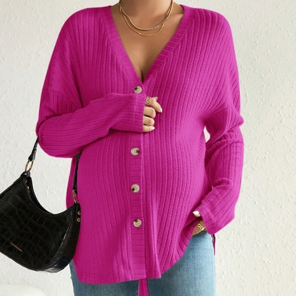 Maternity Soft Knit Button down loose Fit Long sleeve Top - Picture 3 of 7